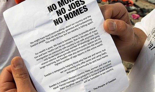 Swedish democrats flyer would-be migrants telling them there is no money, no jobs, and no homes for them in Sweden