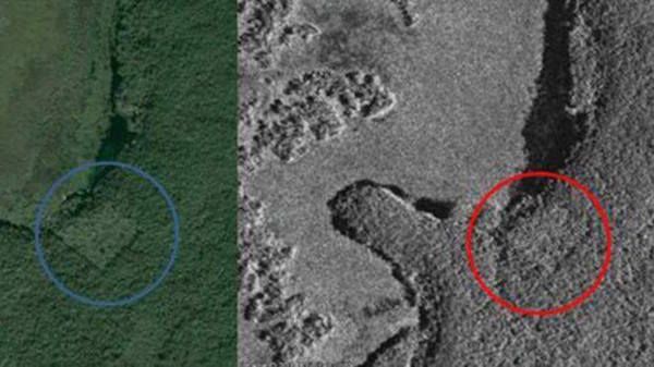 A RADARSAT-2 image taken in the Yucatan jungle shows a square, man-made structure.