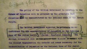 A copy of the original Balfour Declaration at the Israel Museum. Credit: Uriel Cohen