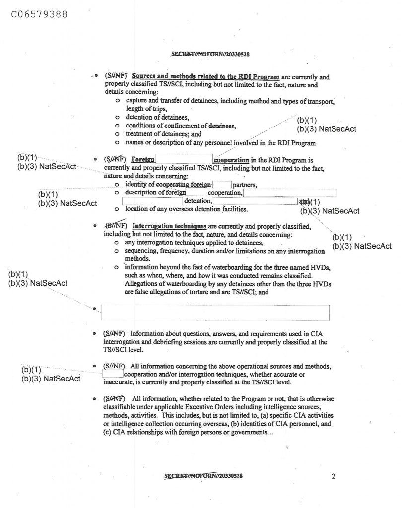 This page from a 2008 CIA guidance document designates as top secret the “treatment of detainees,” their “conditions of confinement,” and certain “false allegations of torture,” which were later shown to have merit.