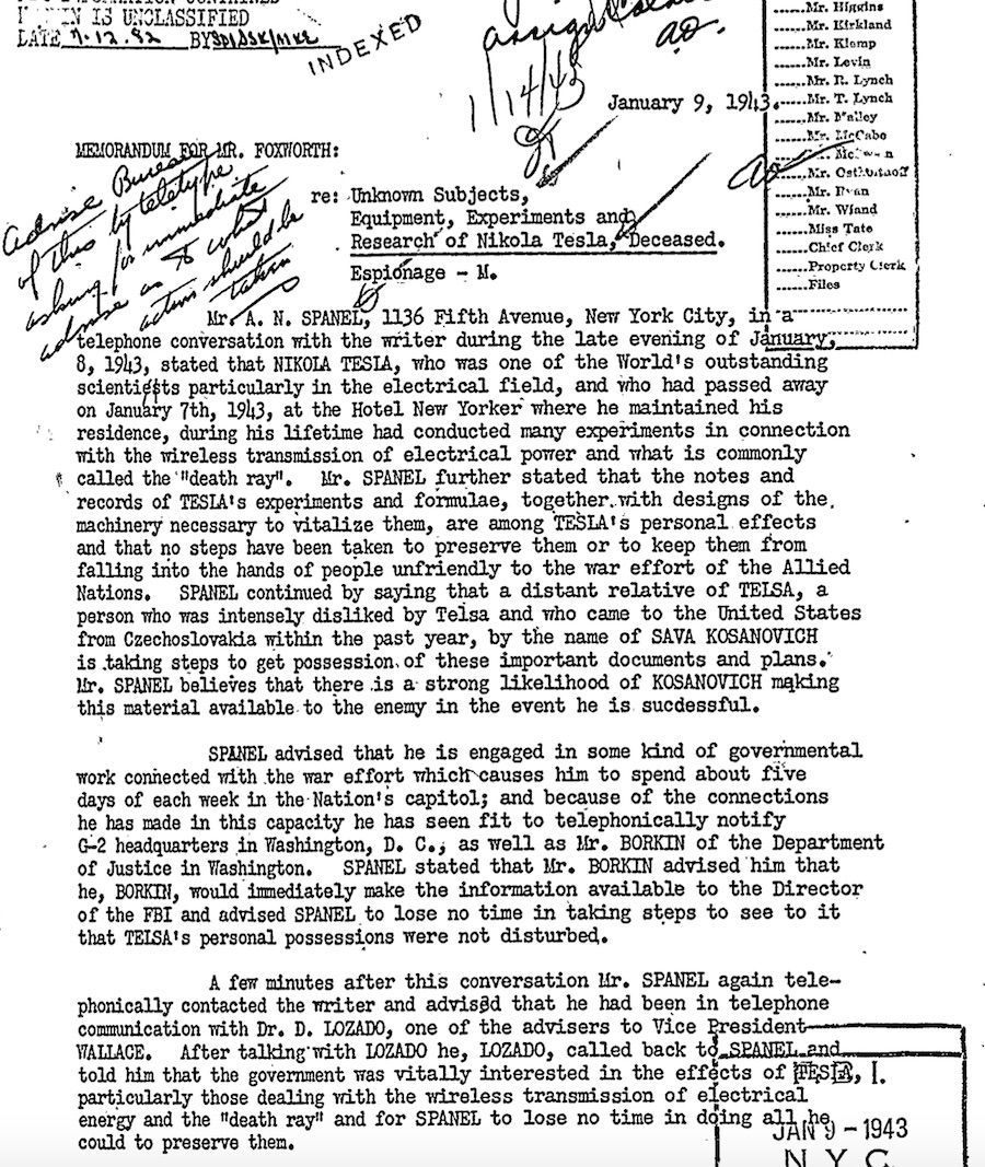Page 5 of one of the FBI’s declassified files on Nikola Tesla, describing his infamous ‘Death Ray’ technology