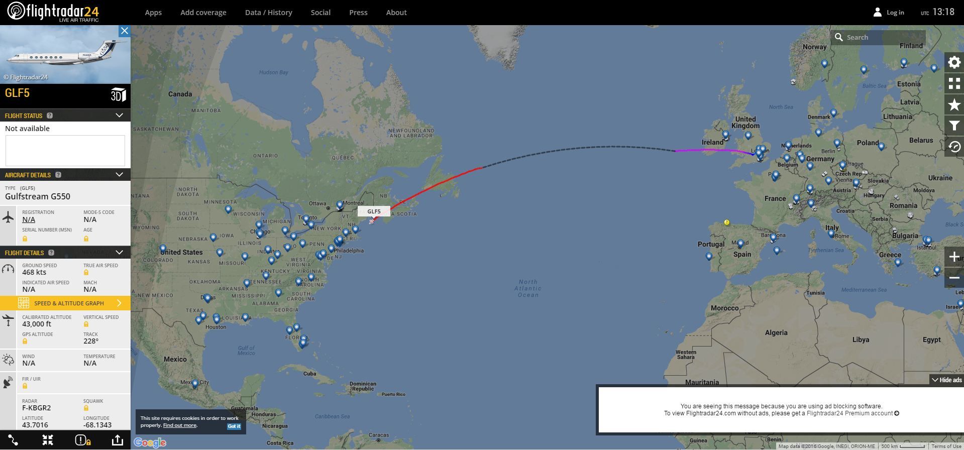 A screenshot from FlightRadar showing the journey of the plane with possible landing spots.