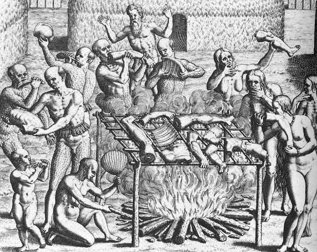New world: Depiction of cannibalism in the Brazilian Tupinambá tribe as described by Hans Staden in 1557. Whether true or not, the myth ignored the fact that Europeans consumed human flesh.