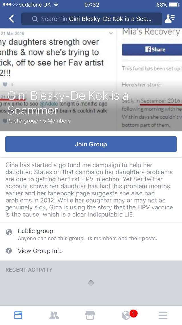 Screengrab of Facebook hate group accusing Gina of operating a scam (which Gini has reported as harassment).