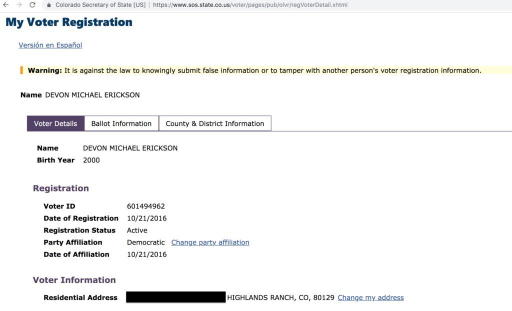 Devon Erickson's Colorado voter registration record.