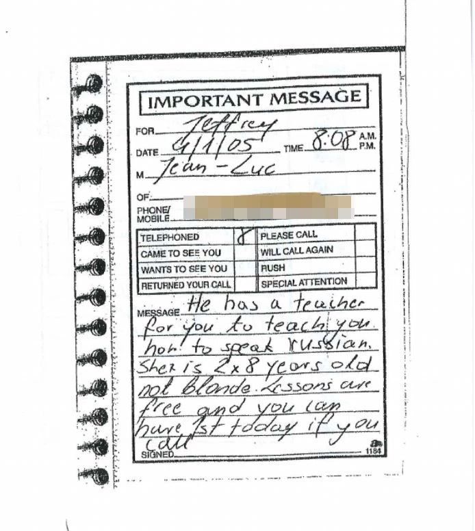 The note for Epstein says the girl can "teach you how to speak Russian"