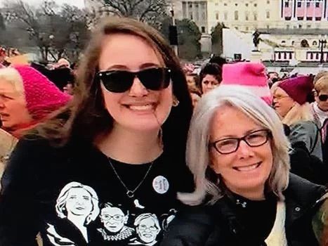 Maurene Comey and mother attend Washington DC pussy hat march in January 2017.
