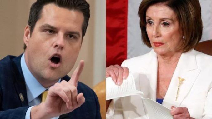 House Judiciary Committee member Matt Gaetz (R-Fla) said Wednesday he is tired of "double standards" and will be filing ethics charges against House Speaker Nancy Pelosi (D-Calif) after she "destroyed official records" and "embarrassed our country."