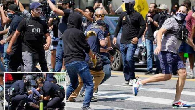 Masked Antifa goons get their asses handed to them by patriots in California