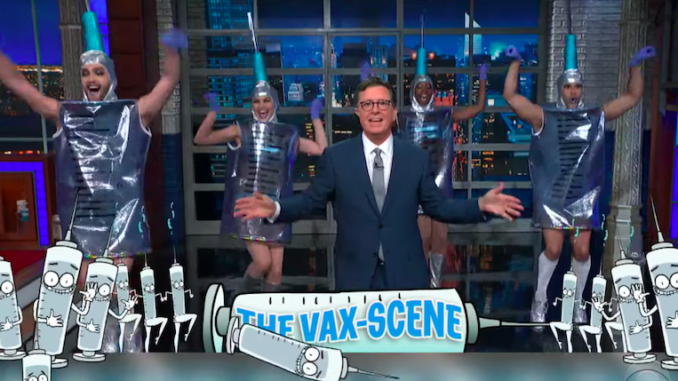 Stephen Colbert dances like a performing monkey for Big Pharma