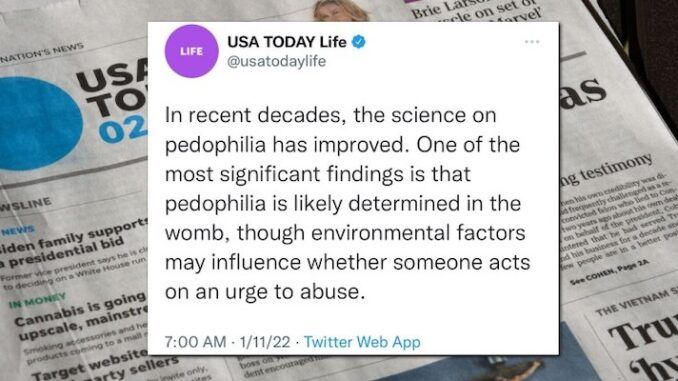 USA Today forced to delete pro-pedophilia tweet after backlash